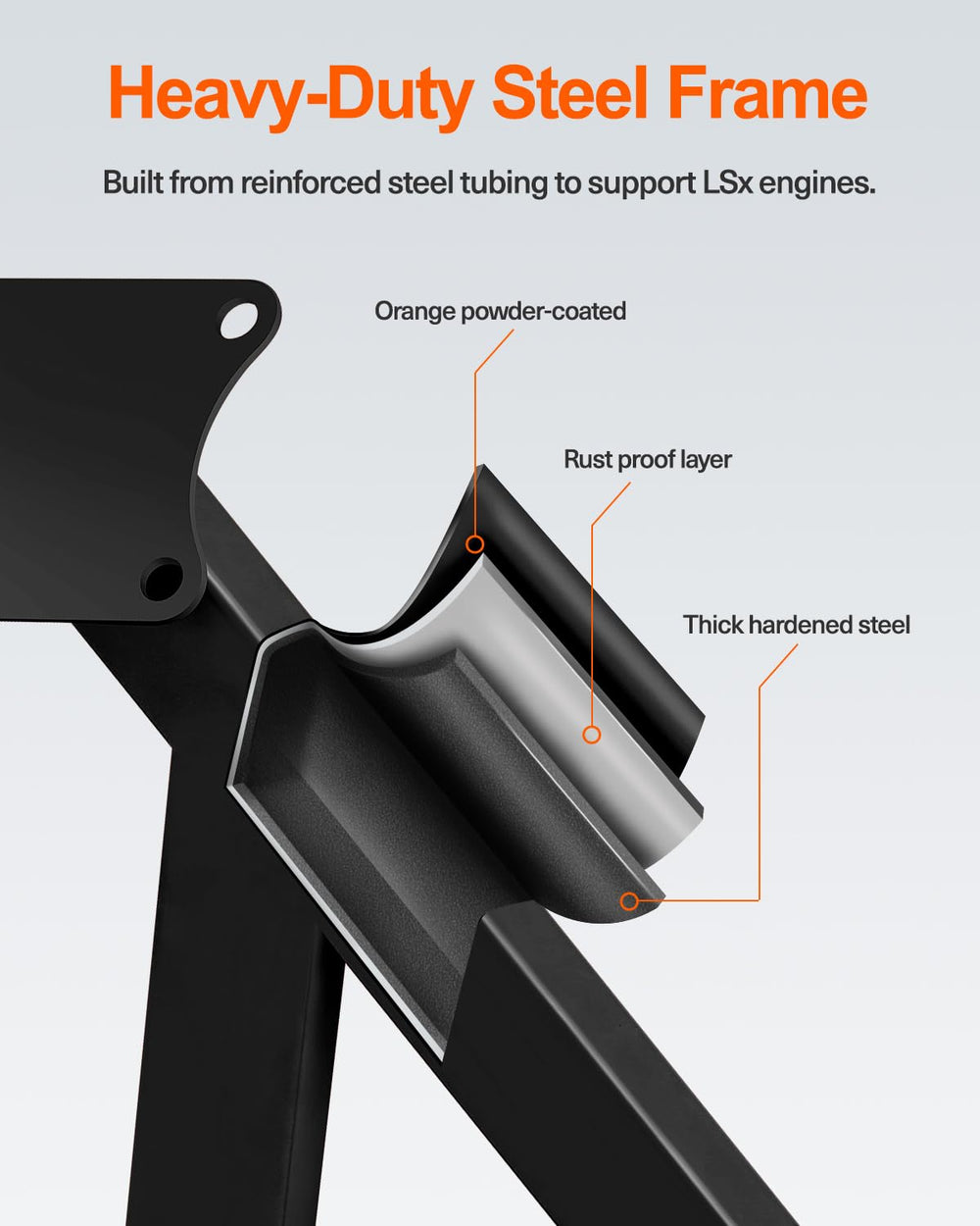 JY PERFORMANCE LS engine stand with 12-inch clearance for added space around components.
