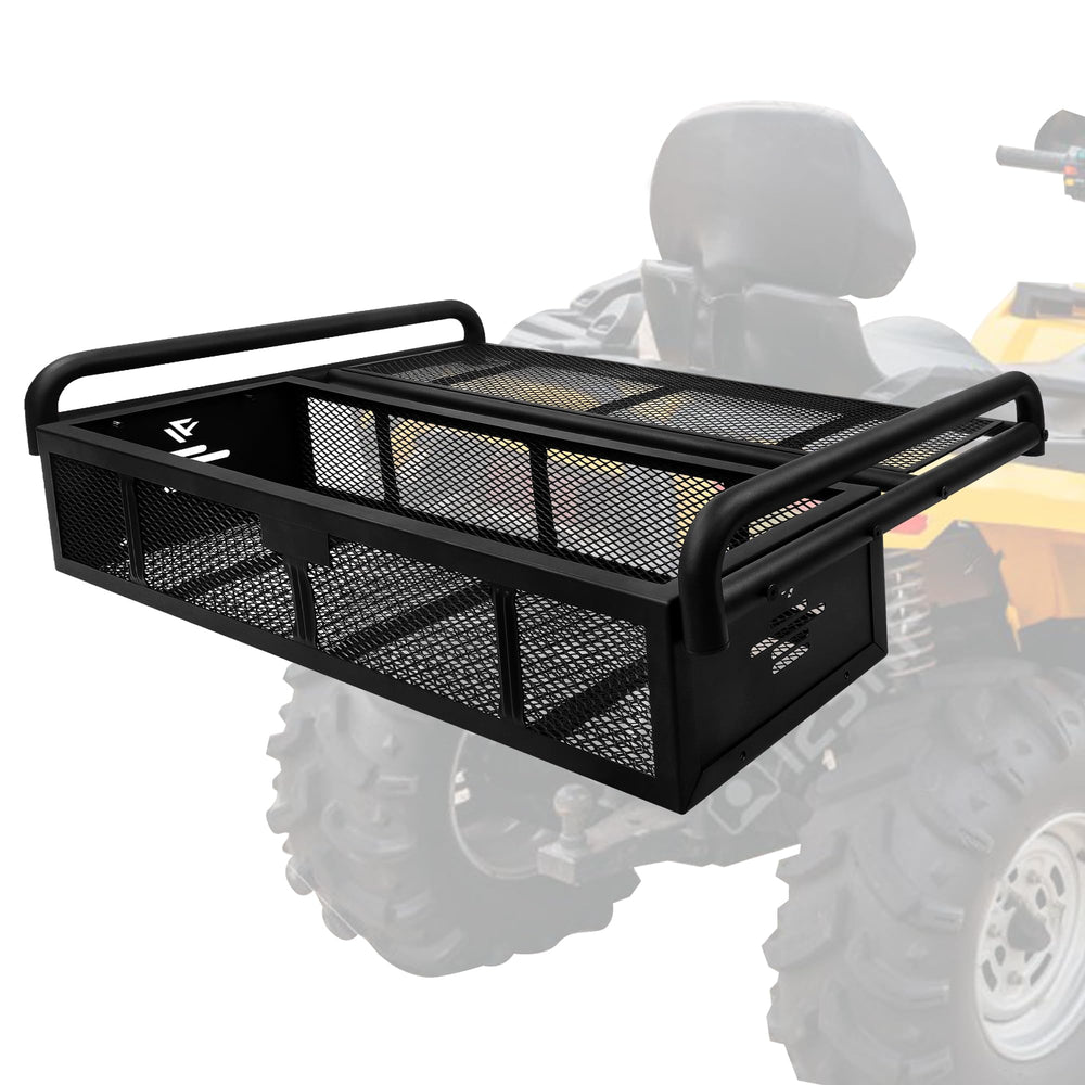 JY Performance ATV rear cargo basket, front view showing rugged frame