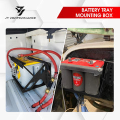JY PERFORMANCE battery tray box side view emphasizes anti-corrosion black finish.