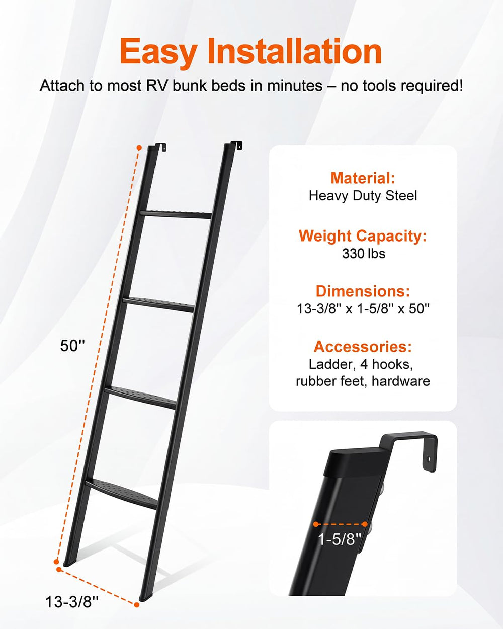 JY PERFORMANCE bunk bed ladder in black finish for rugged RV use.