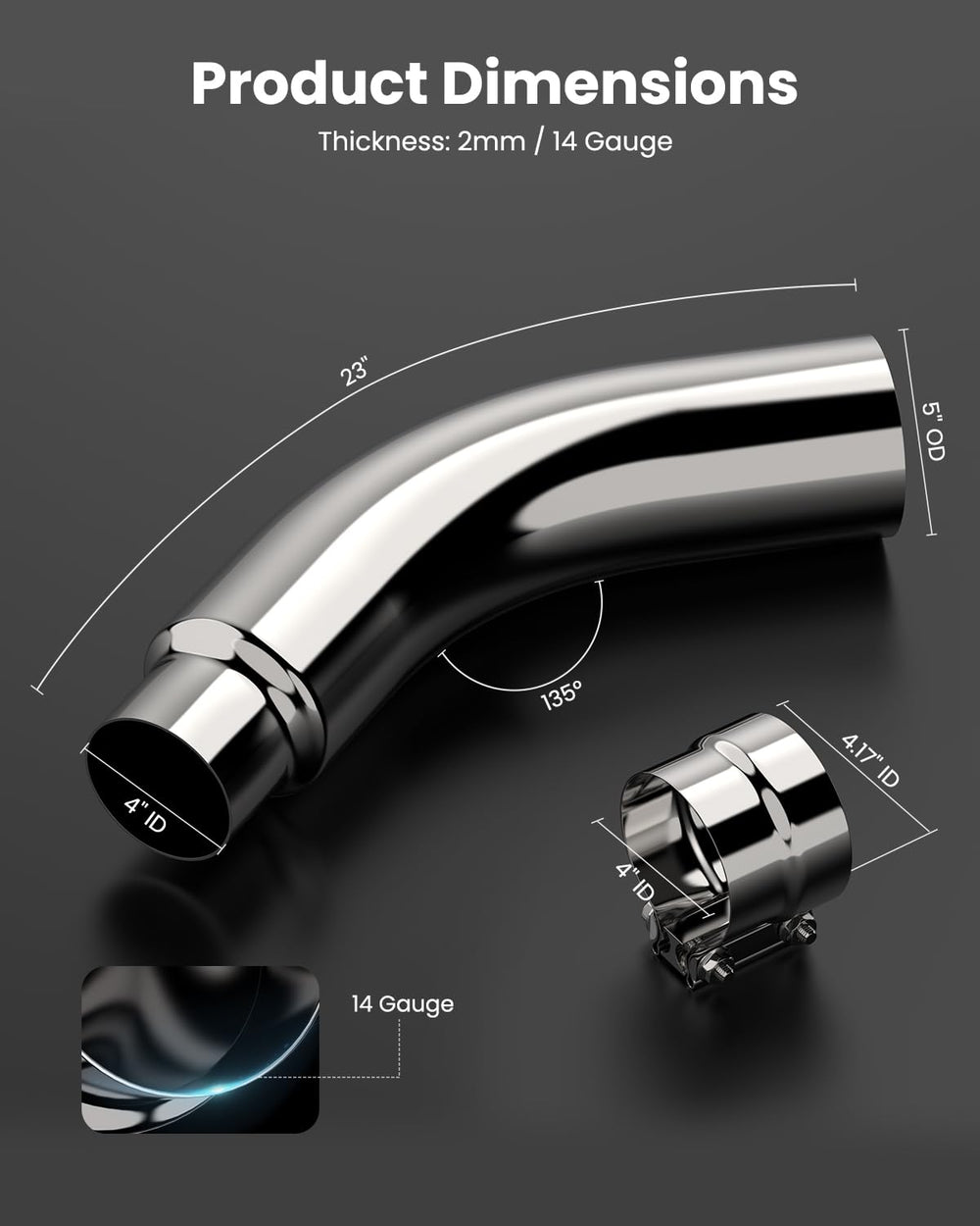 Jy Performance 5 inch outlet detail highlighting wider outlet for improved exhaust flow and fit.