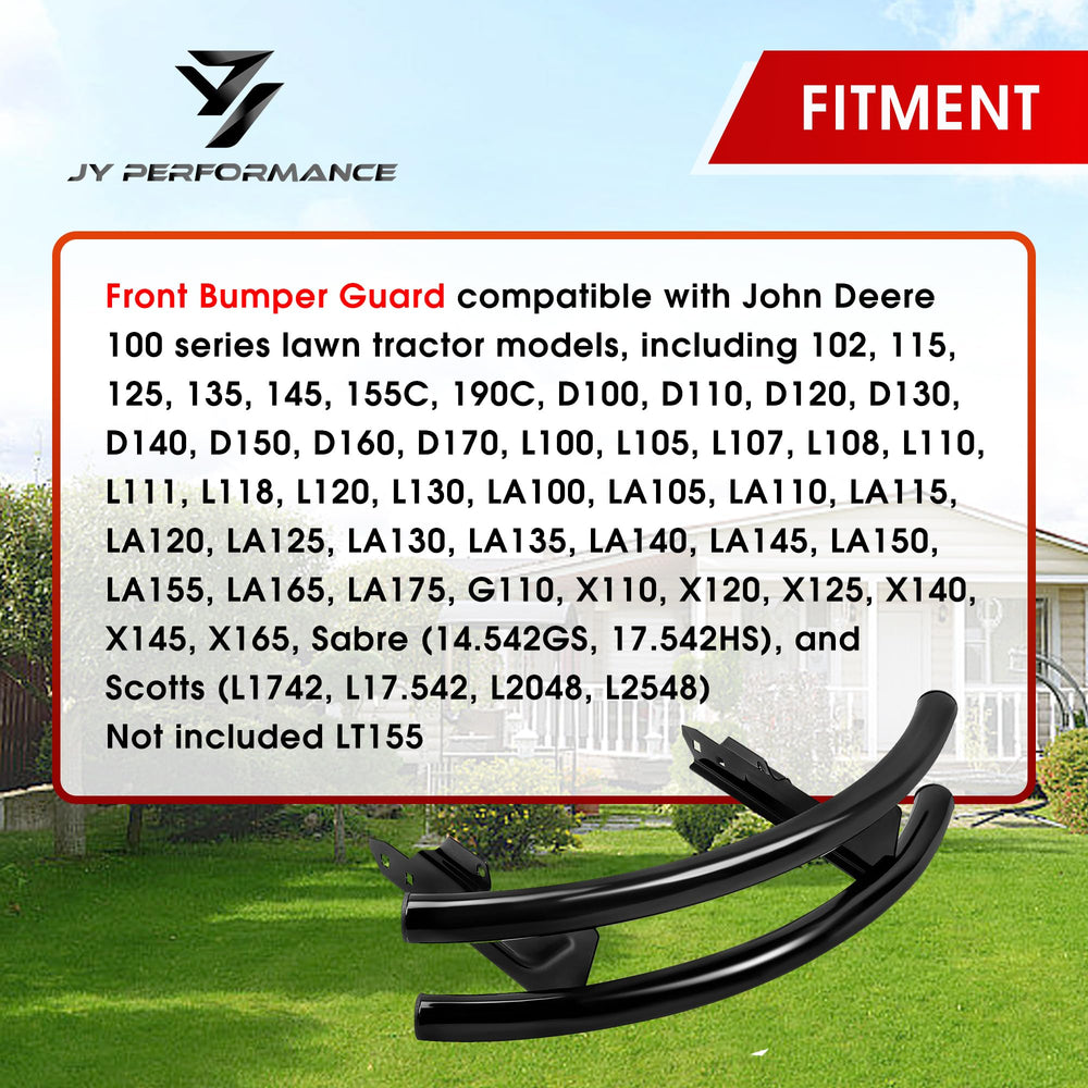 JY PERFORMANCE front bumper guard on John Deere 100 Series 115 shields against impacts during mowing.