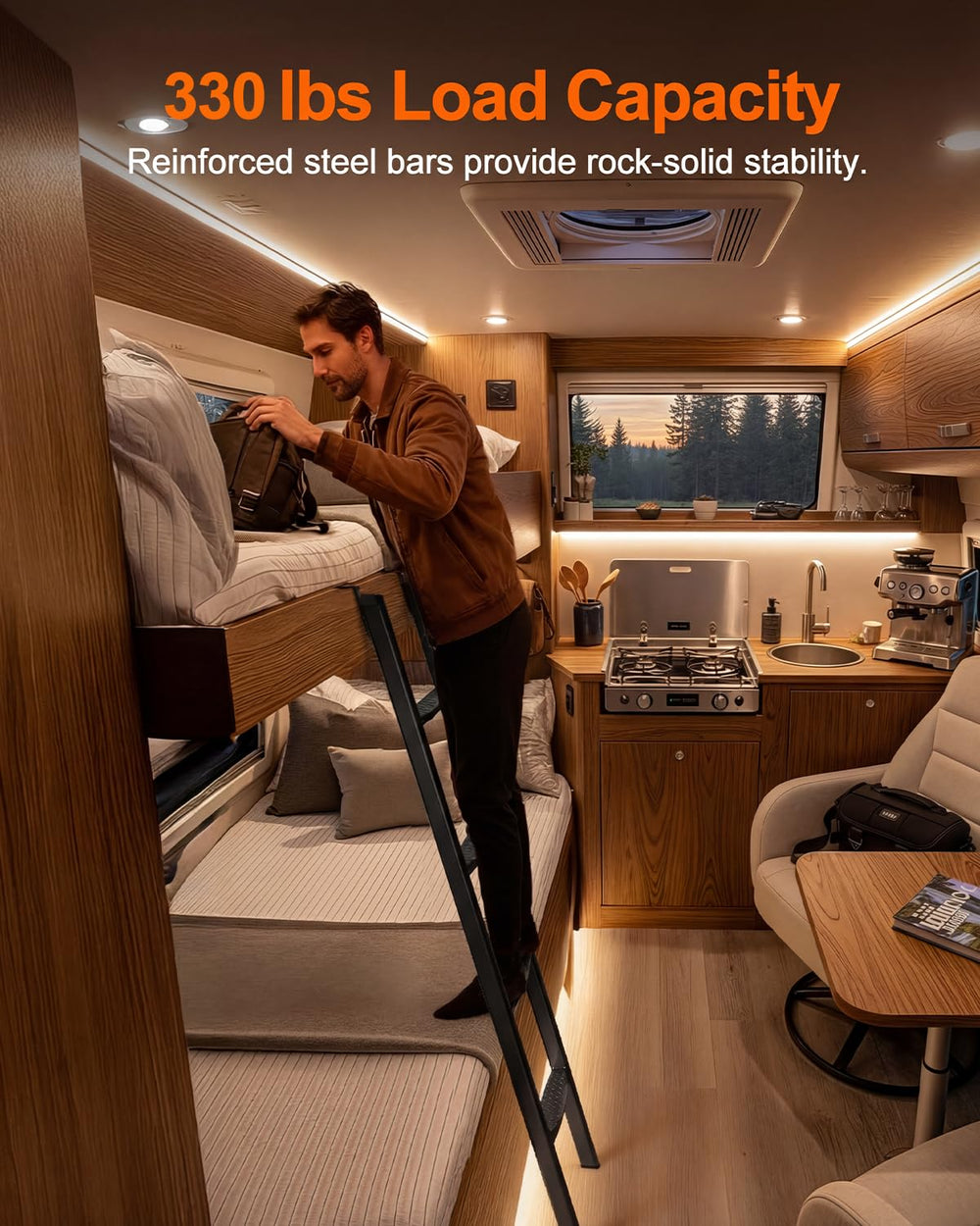 JY PERFORMANCE RV ladder with integrated hooks for sturdy motorhome mounting.