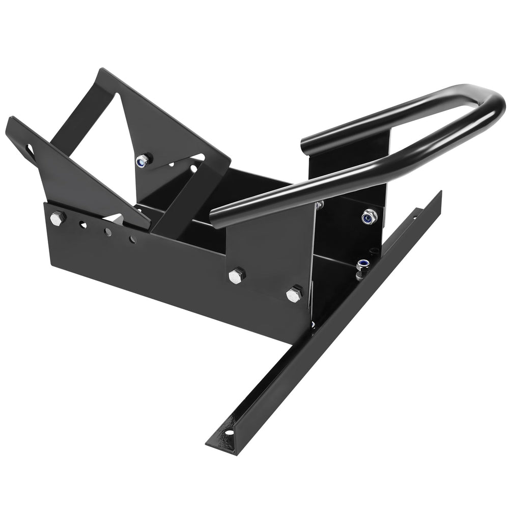 JY PERFORMANCE wheel chock front view showing rugged 8-gauge steel construction for heavy motorcycles.