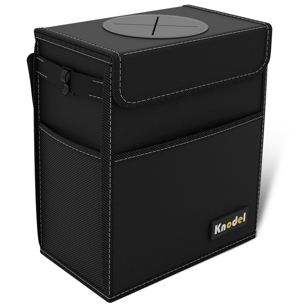 K KNODEL car trash can lid keeps trash discreet and spills contained.