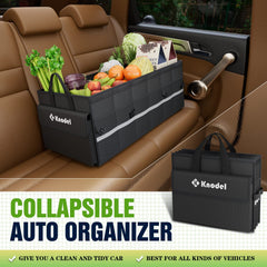 K KNODEL trunk organizer with three compartments keeps items neatly arranged.