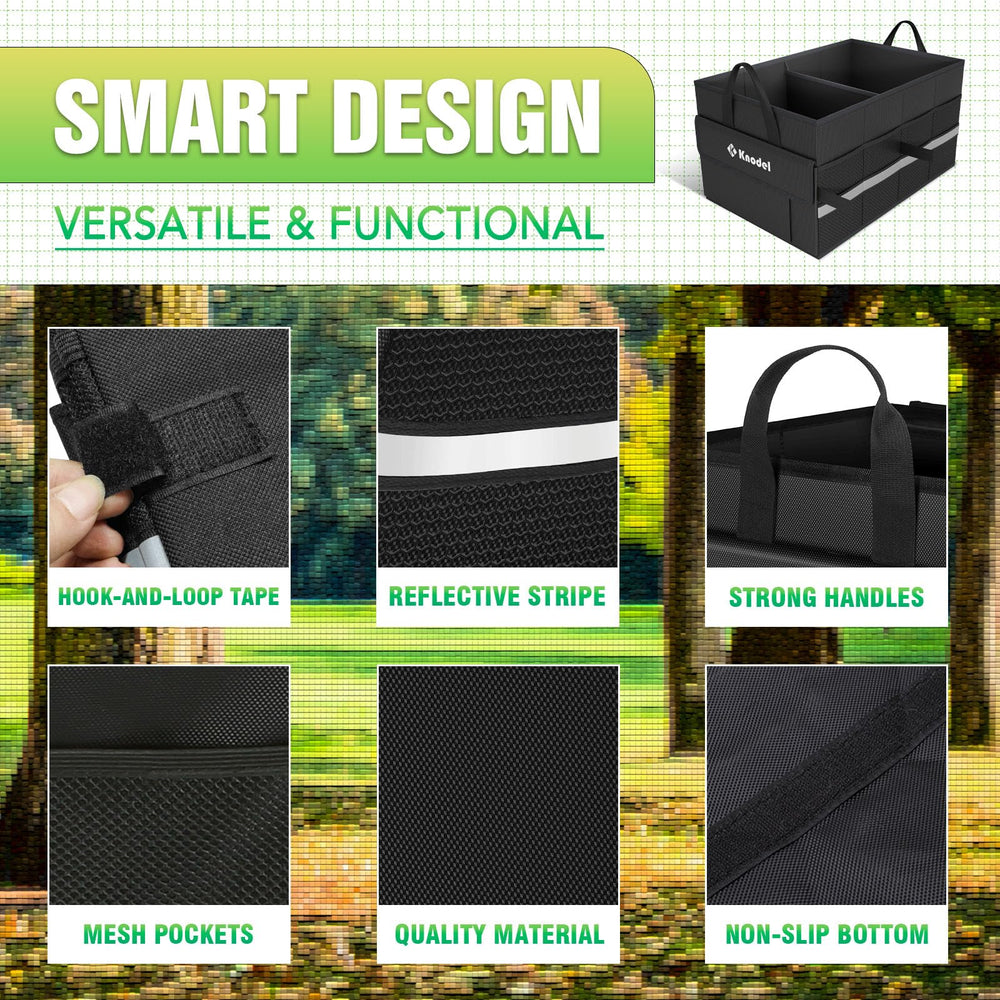K KNODEL trunk organizer with mesh pockets for small item storage.