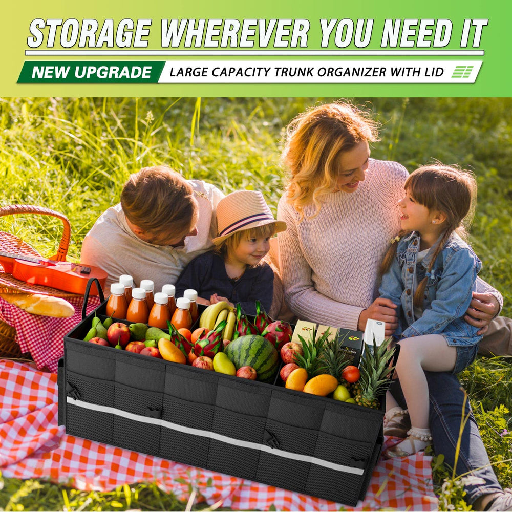 K KNODEL trunk organizer reflective stripe boosts visibility in low light.