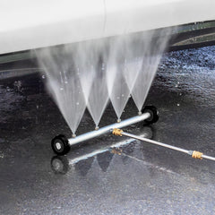Extended two-piece extension wand with swivel caster improves maneuverability around the underside.