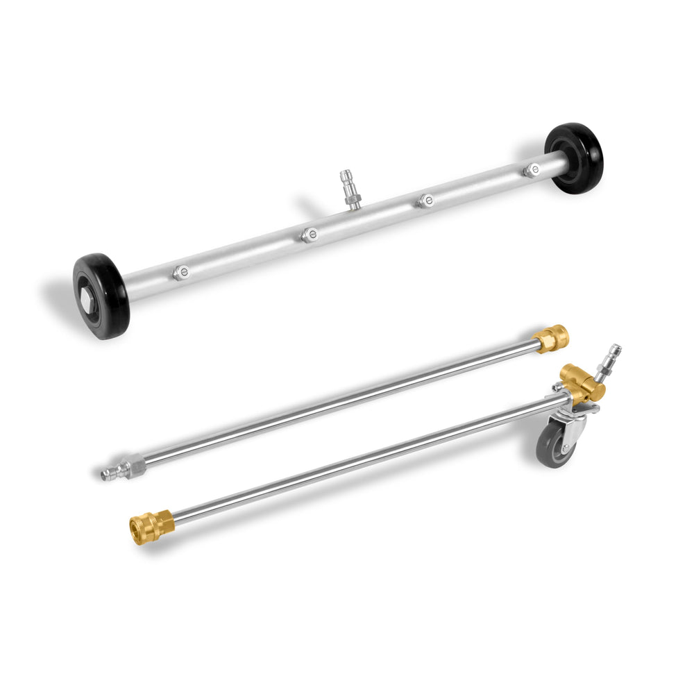 Kärcher undercarriage cleaner kit targets hard-to-reach areas under a vehicle for thorough cleaning.
