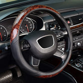 KAFEEK wood grain steering wheel cover front view enhances grip and interior style.