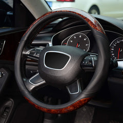 KAFEEK wood grain steering wheel cover installed on car steering wheel for improved control.
