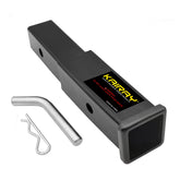 KAIRAY trailer hitch extension attached to a 2-inch receiver for extra clearance during towing.