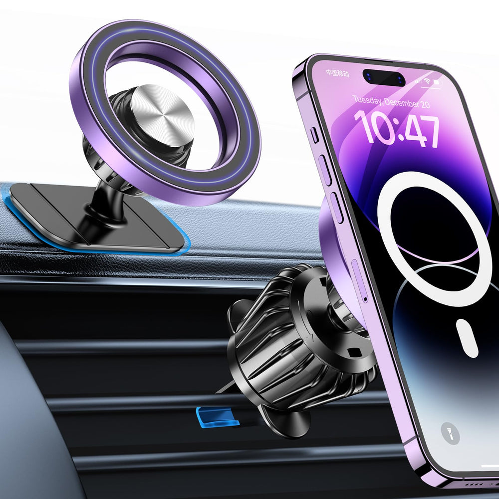 Kaistyle MagSafe car mount with 20 strong magnets secures iPhone during drives.