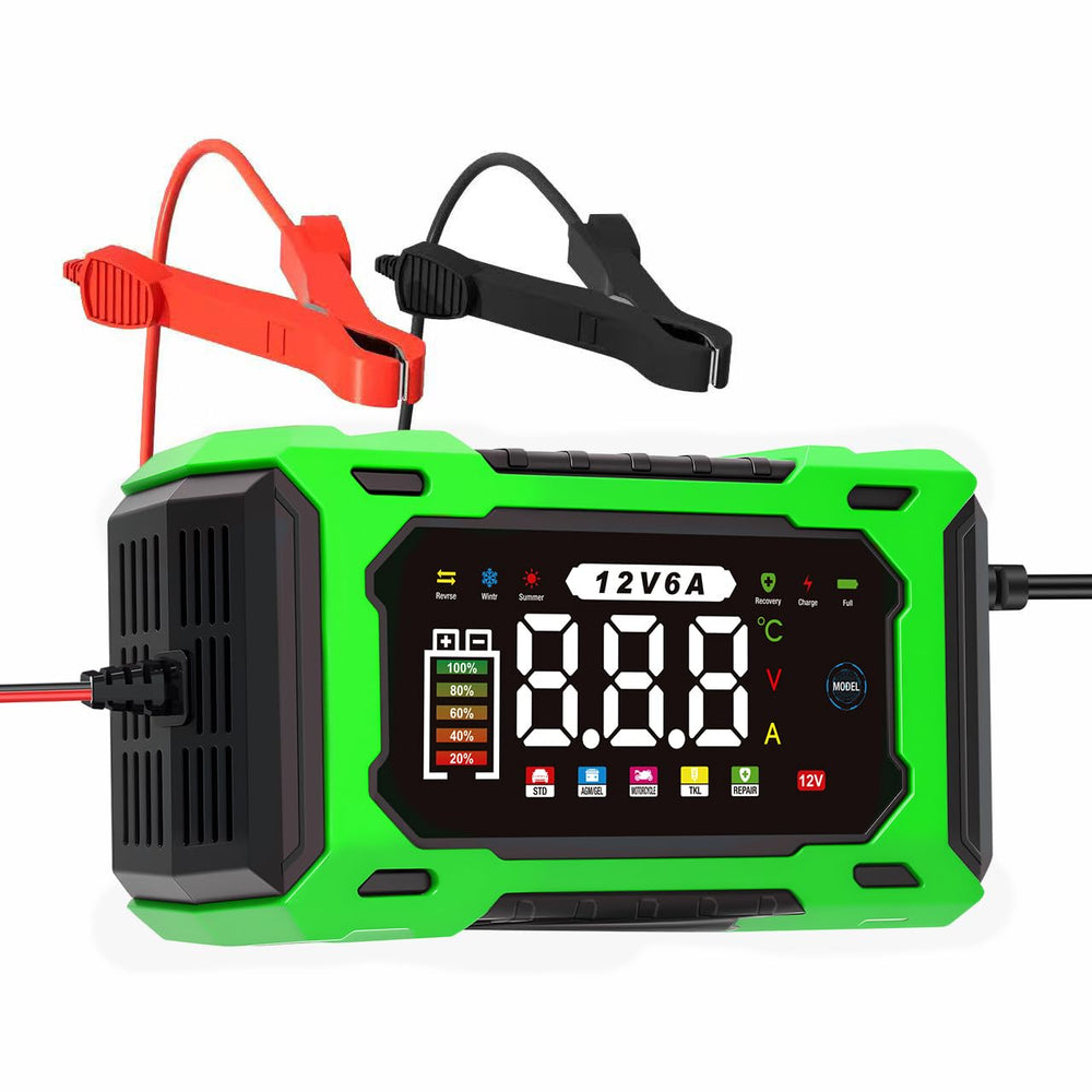 Kalonwell 6-Amp 12V smart charger front view for easy garage setup.