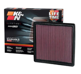 K&N high-flow air filter close-up showcases durable media for improved airflow.