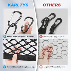 Karltys nylon cargo net provides flexible hold for varying item sizes.