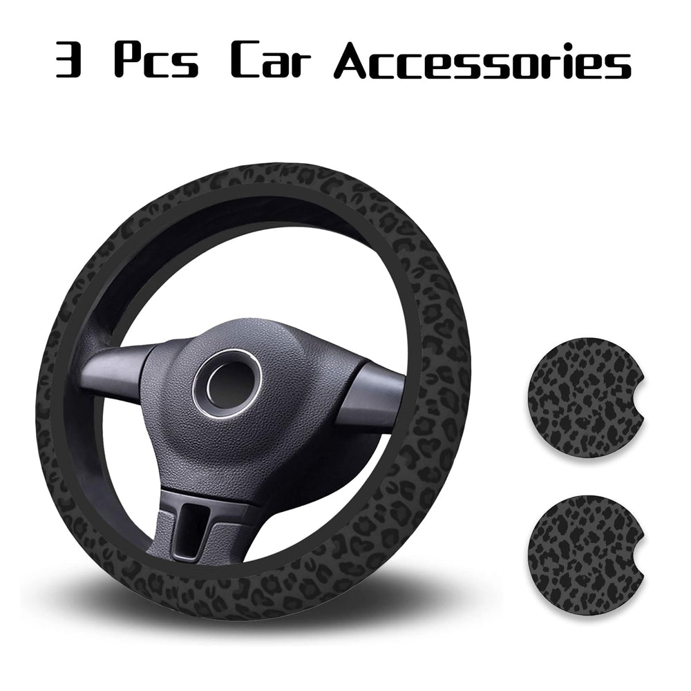 KARREAL leopard print car coasters two pack protects cup holders from spills.