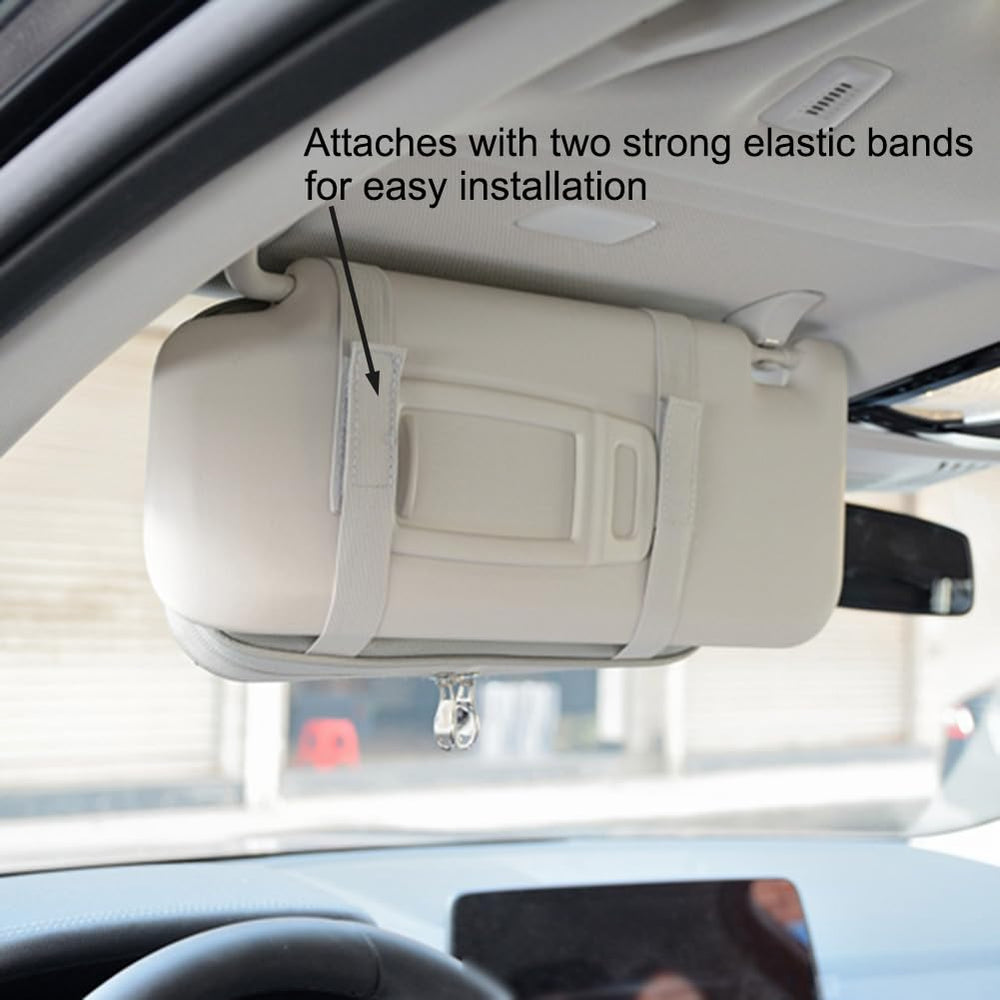 Kartisen sun visor organizer gray zipped compartment secures small items during drives.