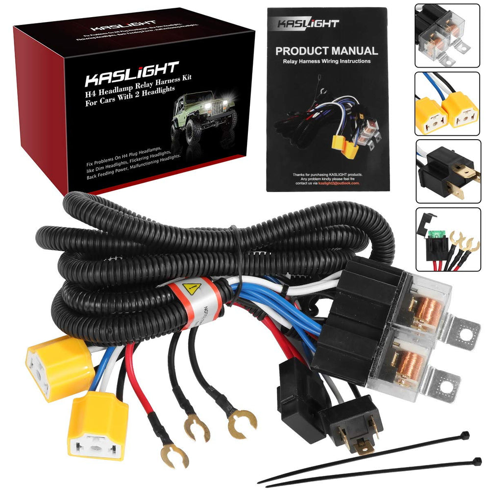 KASLIGHT H4 relay harness front view shows clean wiring for easy installation.