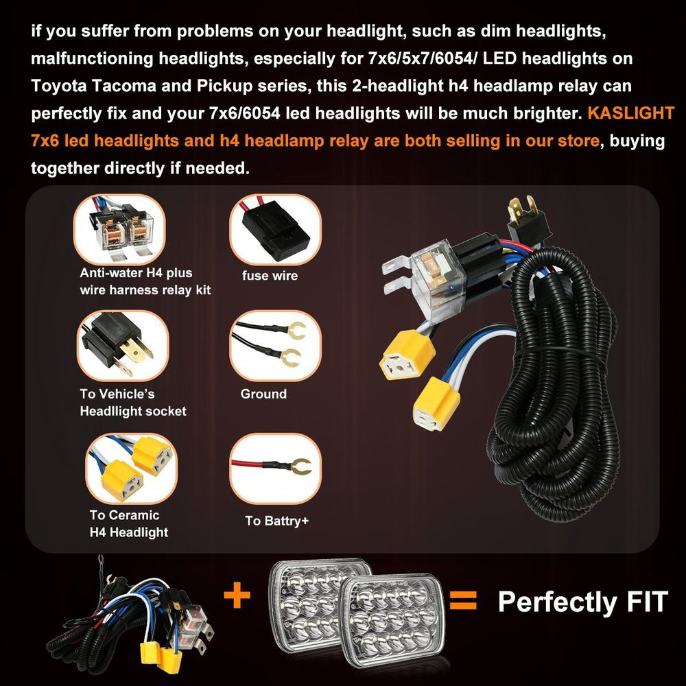 KASLIGHT H4 relay harness with fuse cover protects wiring.
