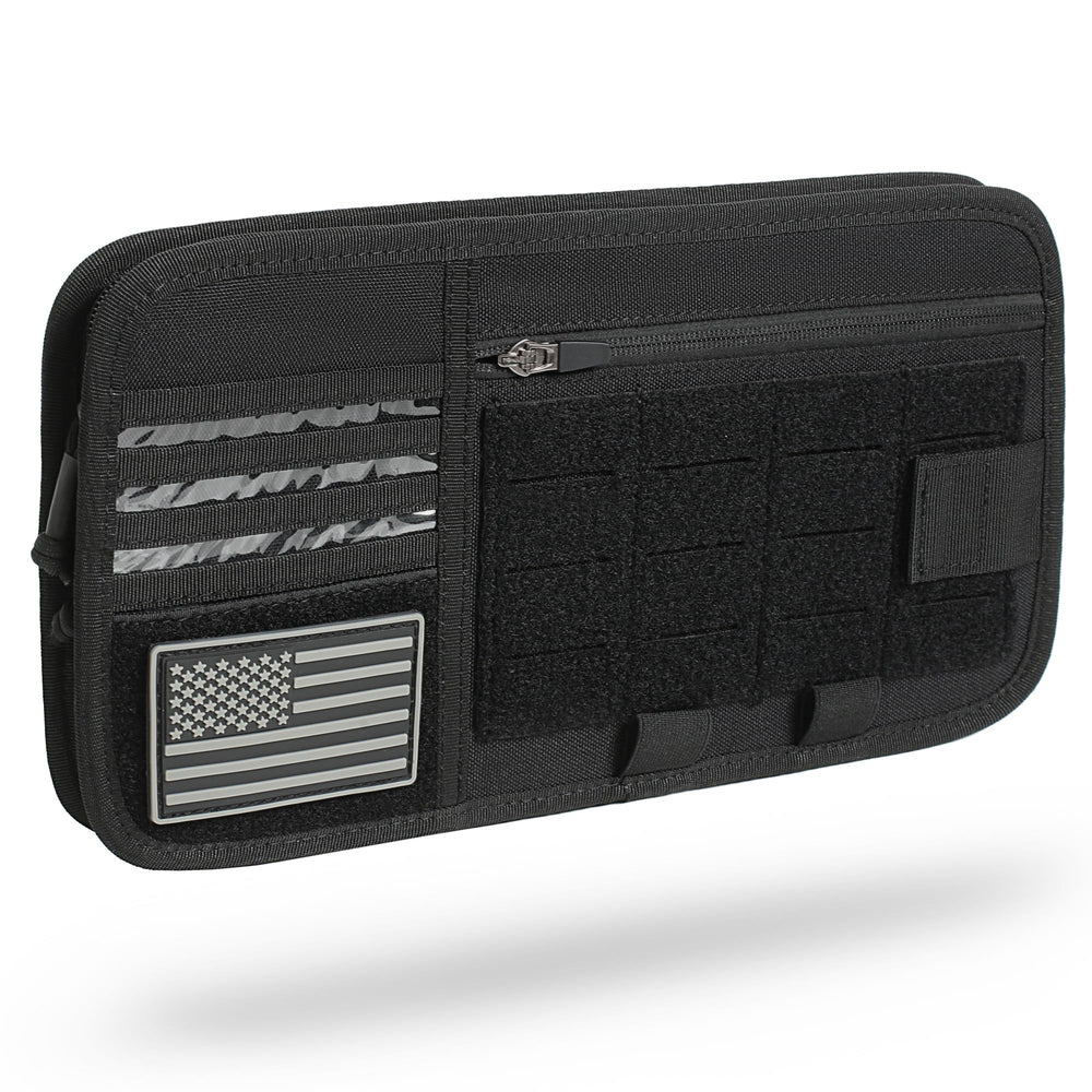 Katadem heavy-duty MOLLE car sun visor organizer keeps essentials within reach during road trips.