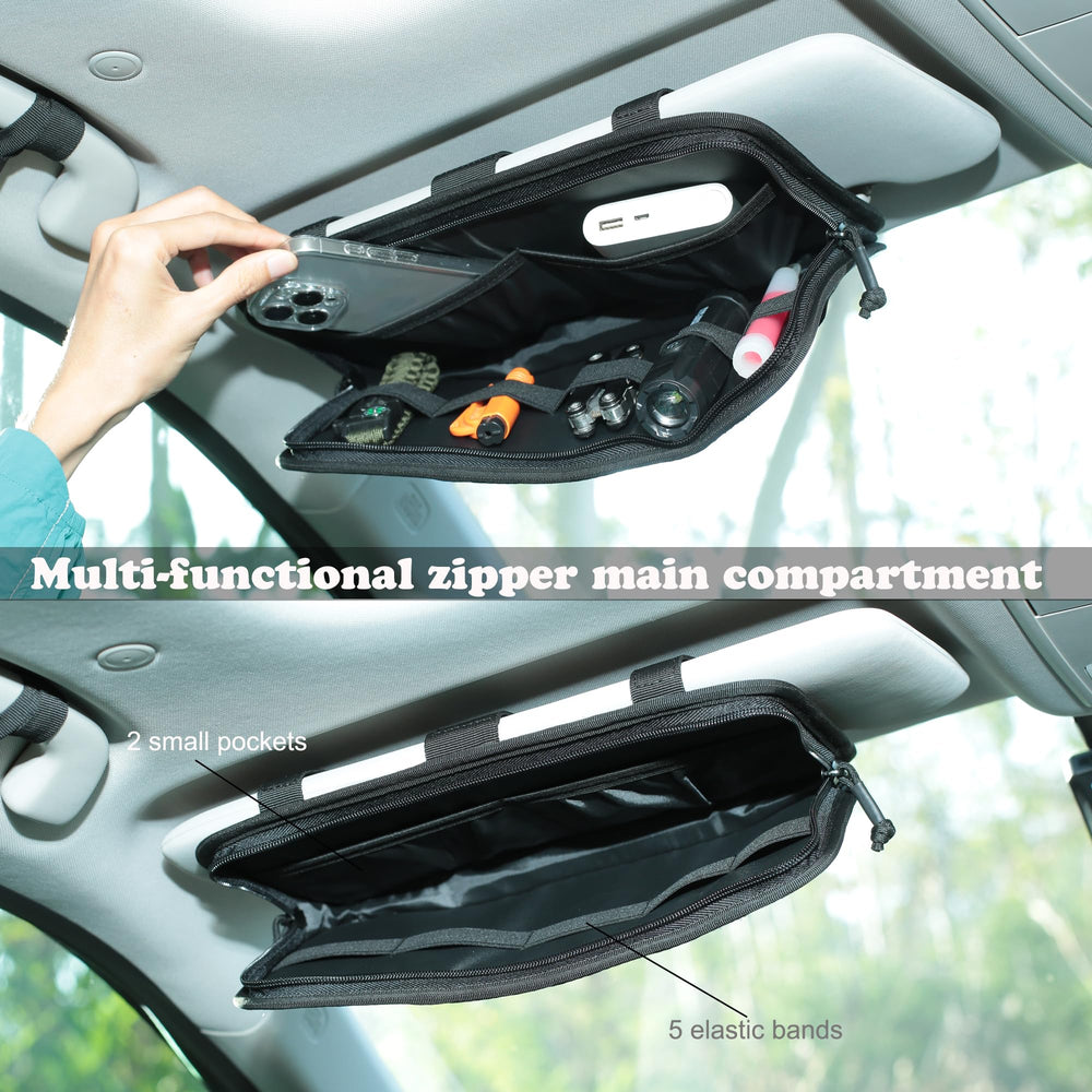 Katadem visor organizer with laser-cut MOLLE panel for customized storage.