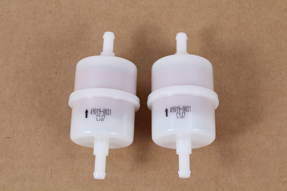 Kawasaki 49019-0031 fuel filter pack close-up highlighting 10-micron filtration.