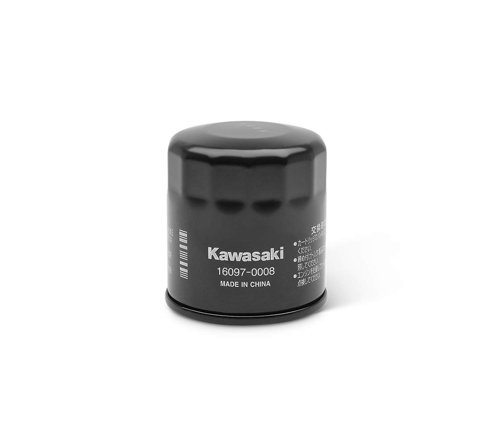 Kawasaki oil filter 16097-0008 front view, OEM quality for engine protection.