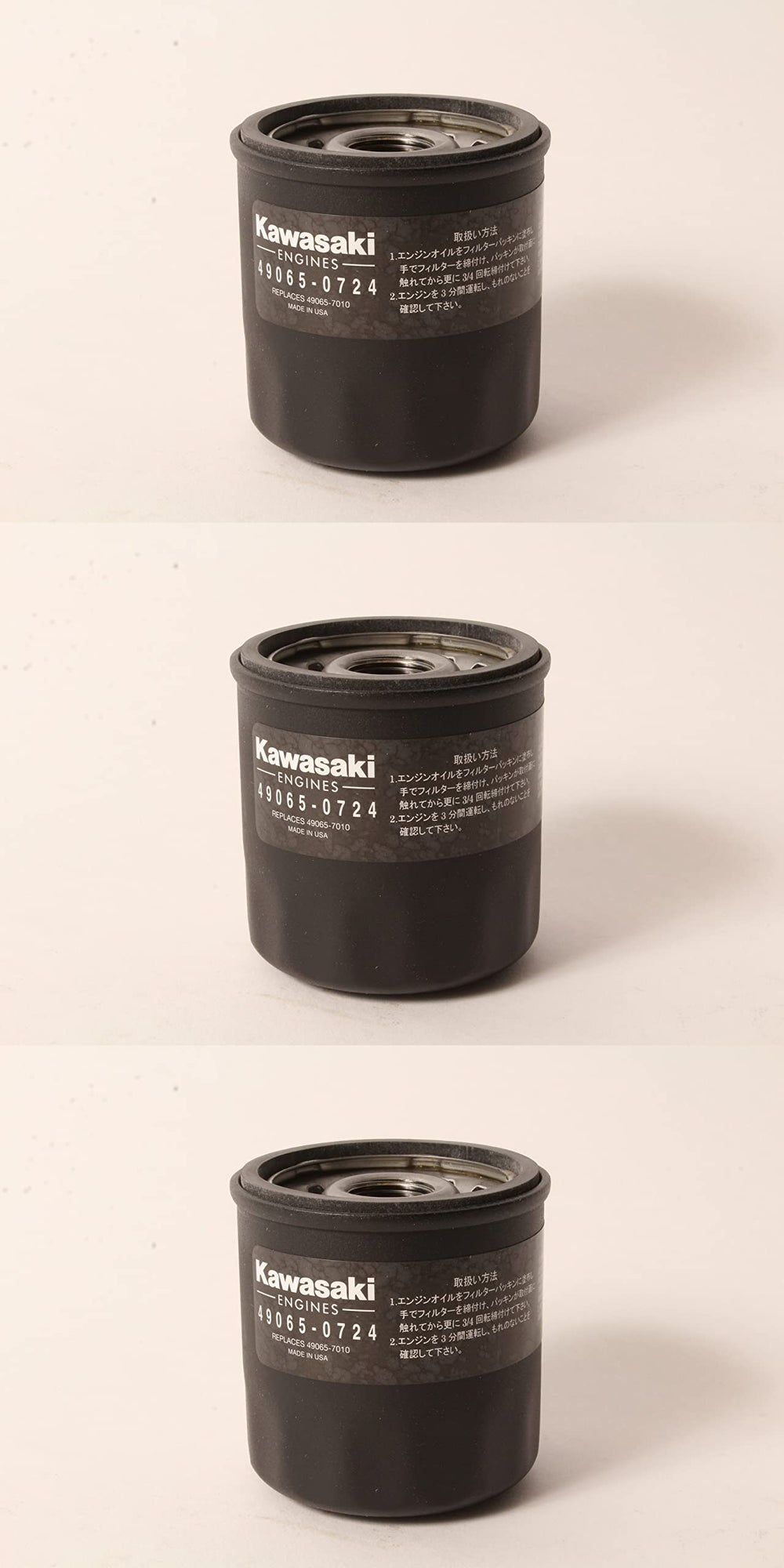 Kawasaki oil filter 3-pack back-side tag showing compatible engines.