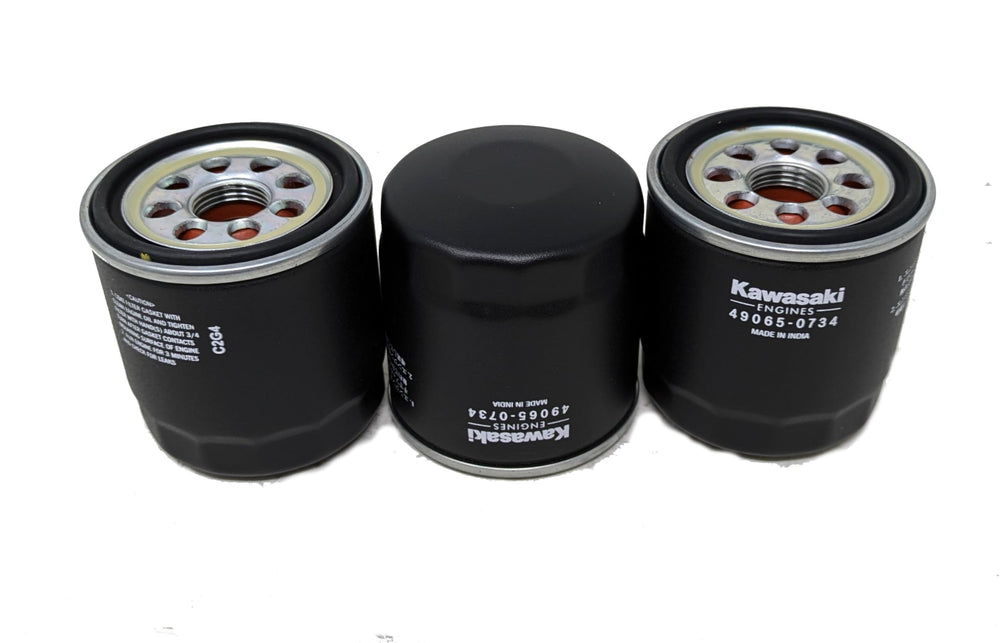 Kawasaki 49065-0734 oil filter closeup showing OEM design for reliable maintenance