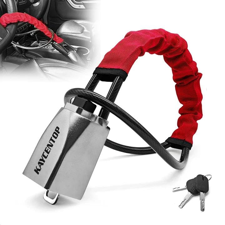 KAYCENTOP steering lock with red cover deters theft at a glance.