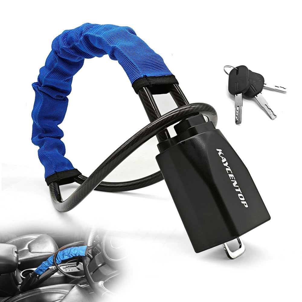 KayCENTOP steering wheel lock blue, assembled, compact portable anti-theft deterrent.