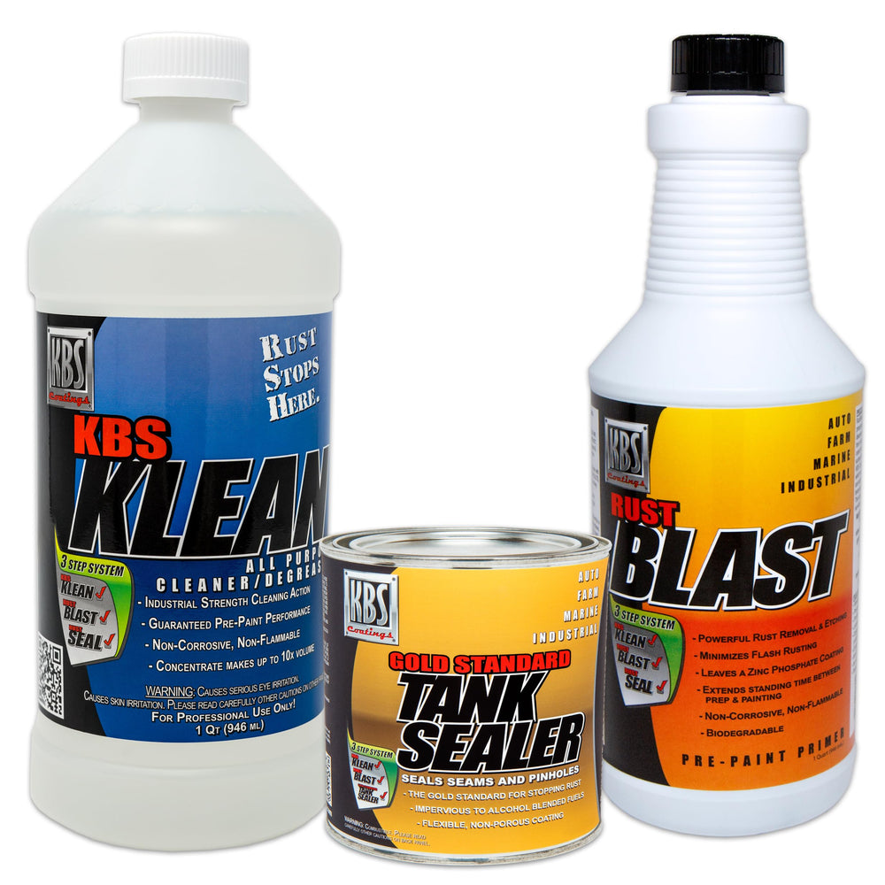 KBS Coatings Cycle Tank Sealer Kit package showing all included supplies for rust repair