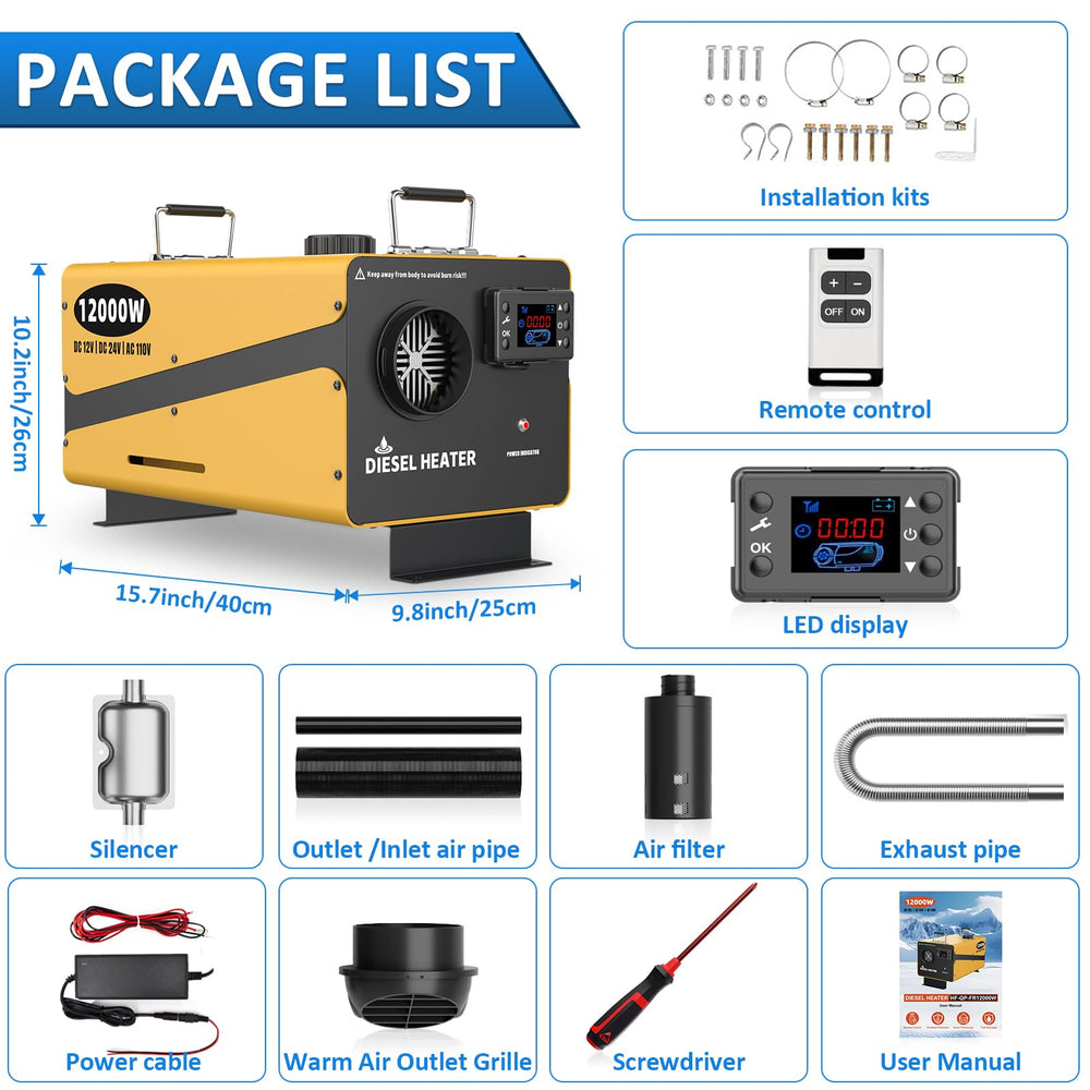 Kedite 12000W diesel heater LCD display highlights easy temperature control.
