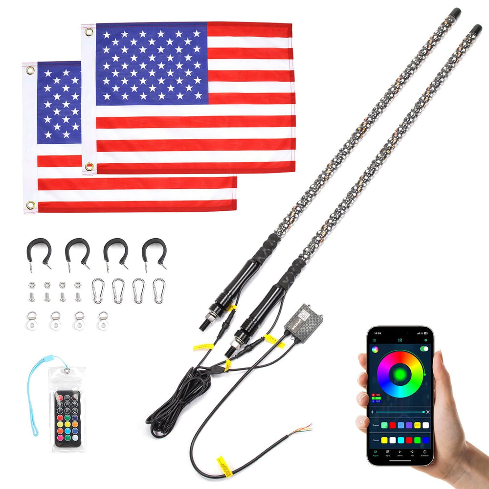 KEMIMOTO 2pc 3ft Bluetooth whip lights mounted on side-by-side for enhanced daytime visibility.