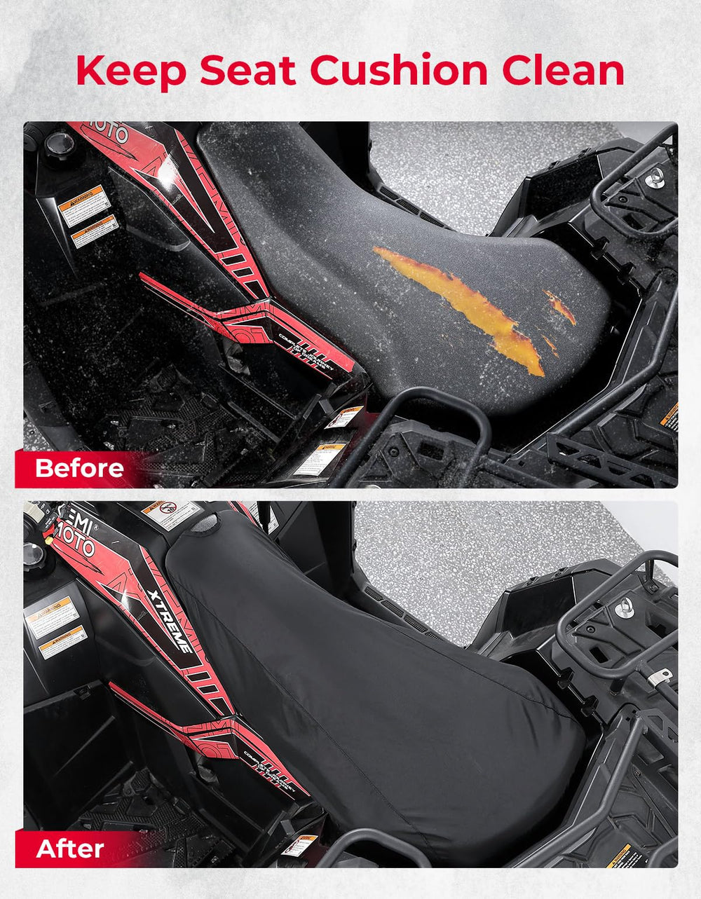 KEMIMOTO ATV seat cover easy installation lets you ride again in minutes.