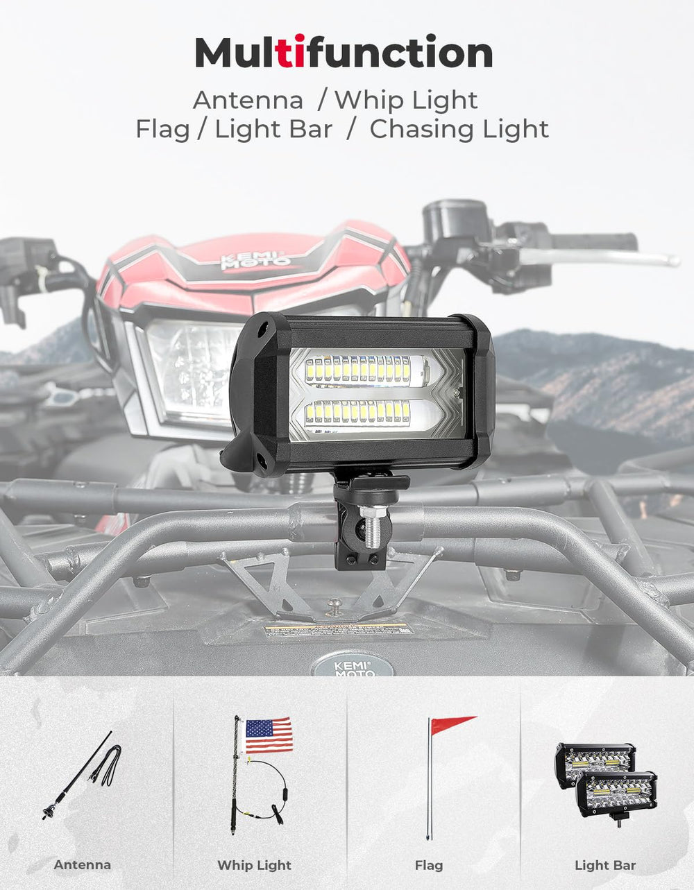 KEMIMOTO ATV whip mount base highlighting 12mm attachment for sturdy support