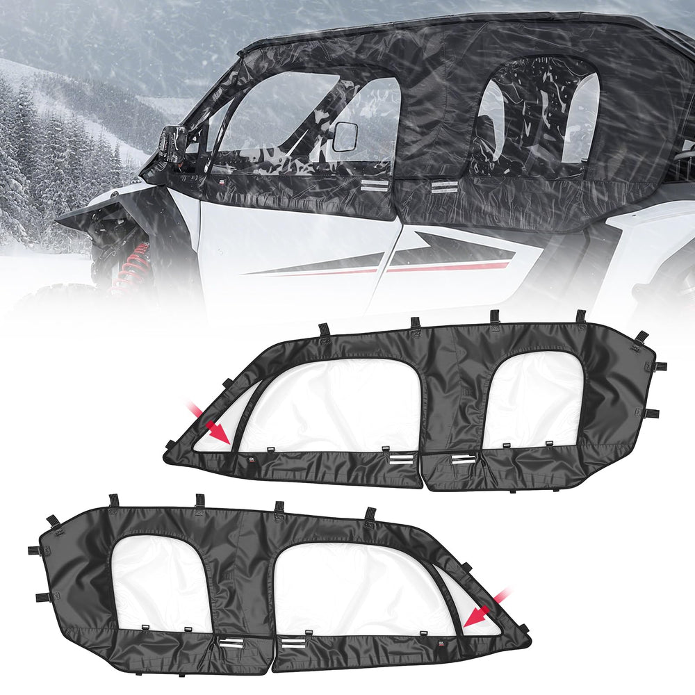 Kemimoto cab enclosure water-resistant upper doors protect cab interior in wet conditions.
