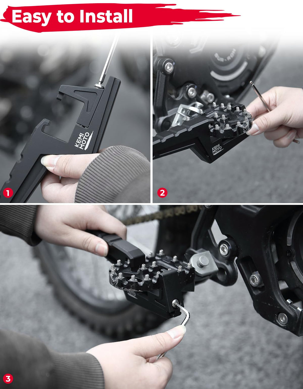 KEMIMOTO footpegs install quickly without damaging existing footrests.