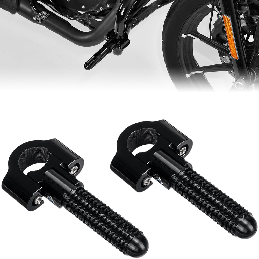KEMIMOTO folding highway pegs on universal crash bars for quick access and longer rider comfort.