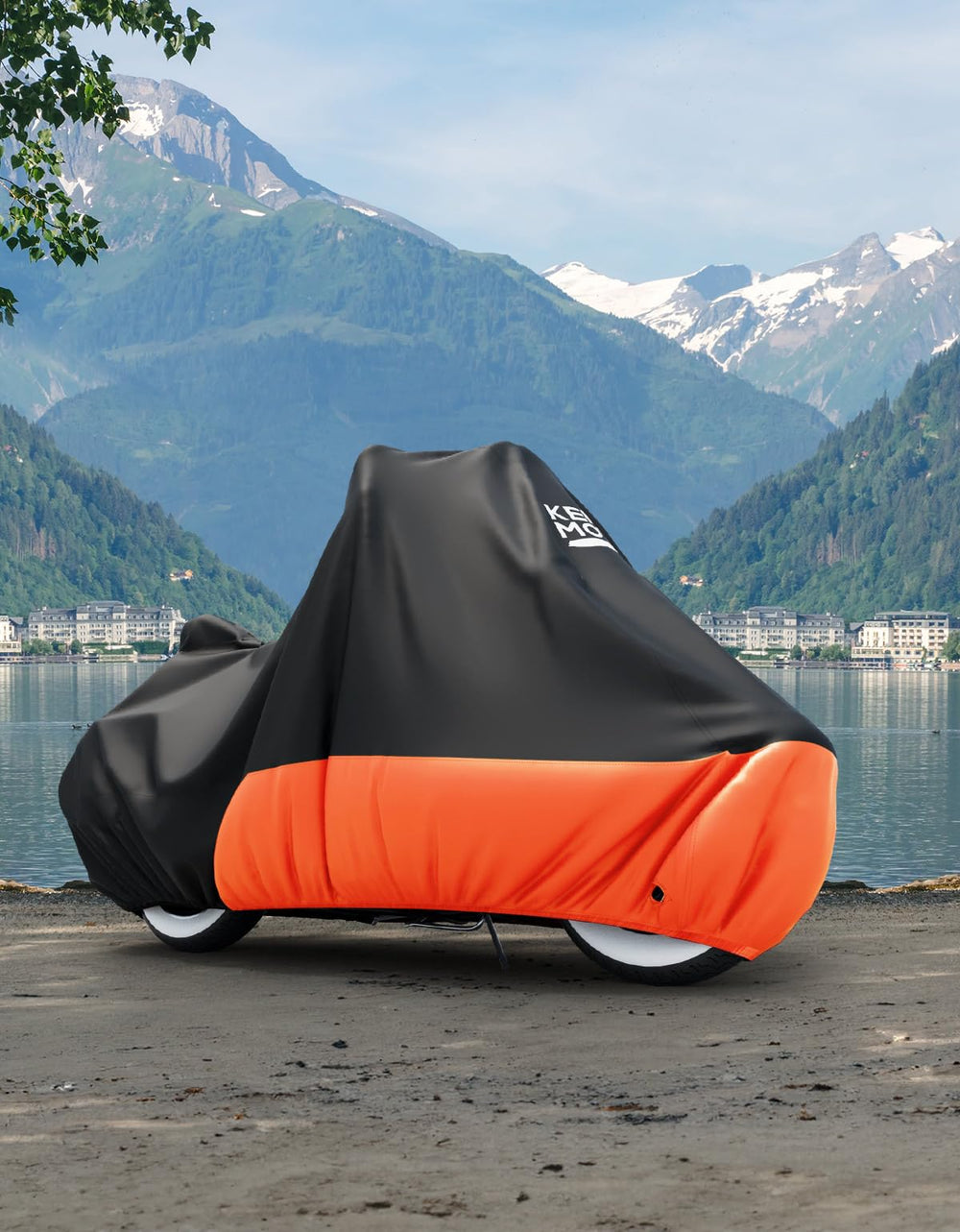 KEMIMOTO easy-on-off heavy-duty cover shown on a parked motorcycle