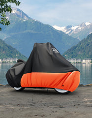 KEMIMOTO easy-on-off heavy-duty cover shown on a parked motorcycle