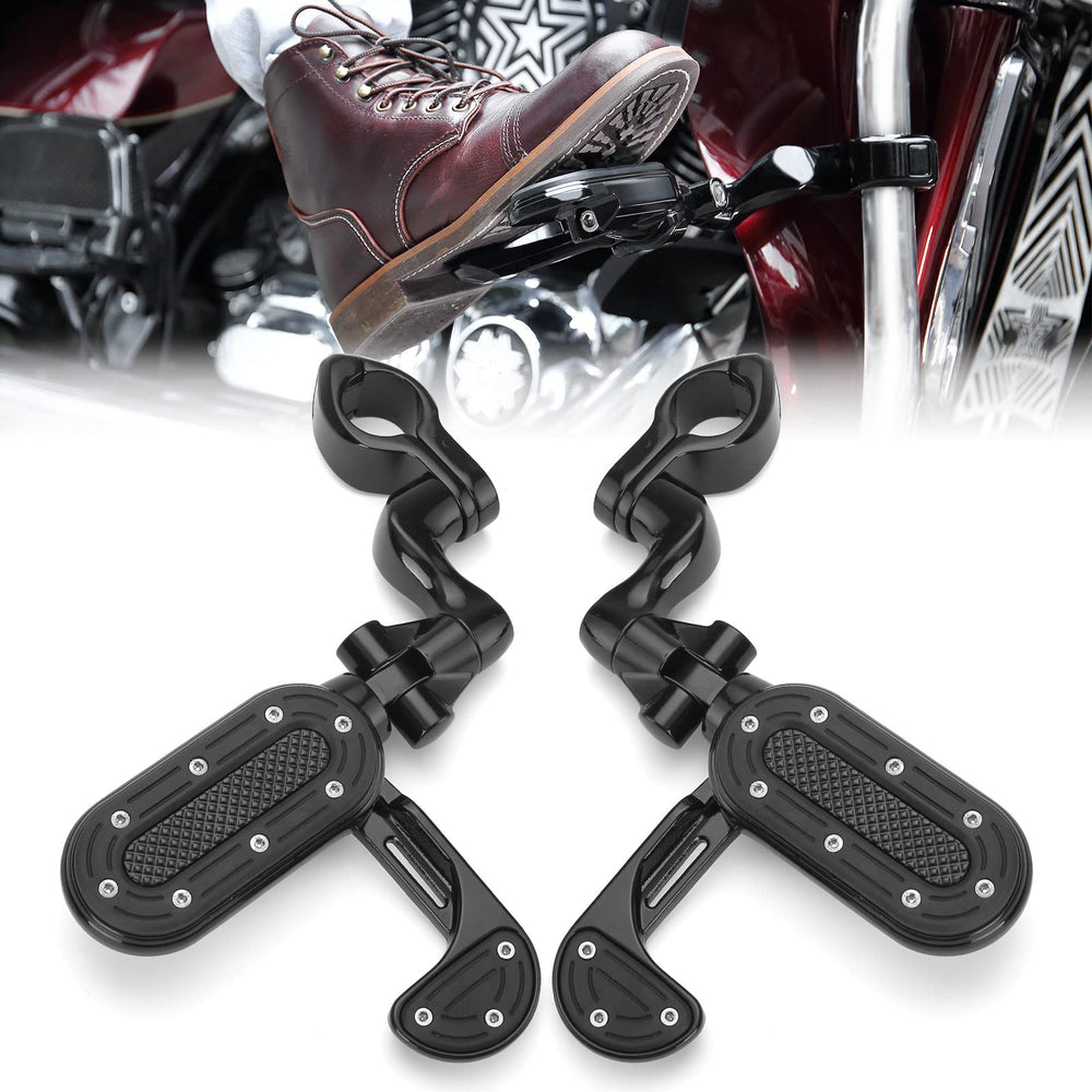 KEMIMOTO highway pegs mounted on the left side of a 1.25" engine guard for leg stretch on long rides.