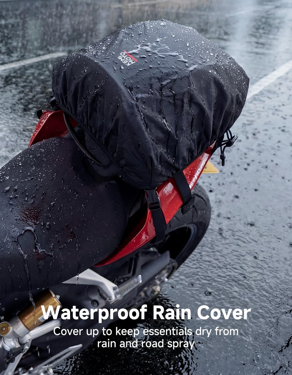 KEMIMOTO tail bag with rain cover ready for heavy showers