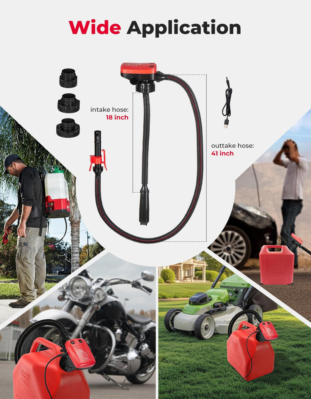 Kemimoto multi-vehicle fuel transfer kit enabling quick refueling of cars and tools.