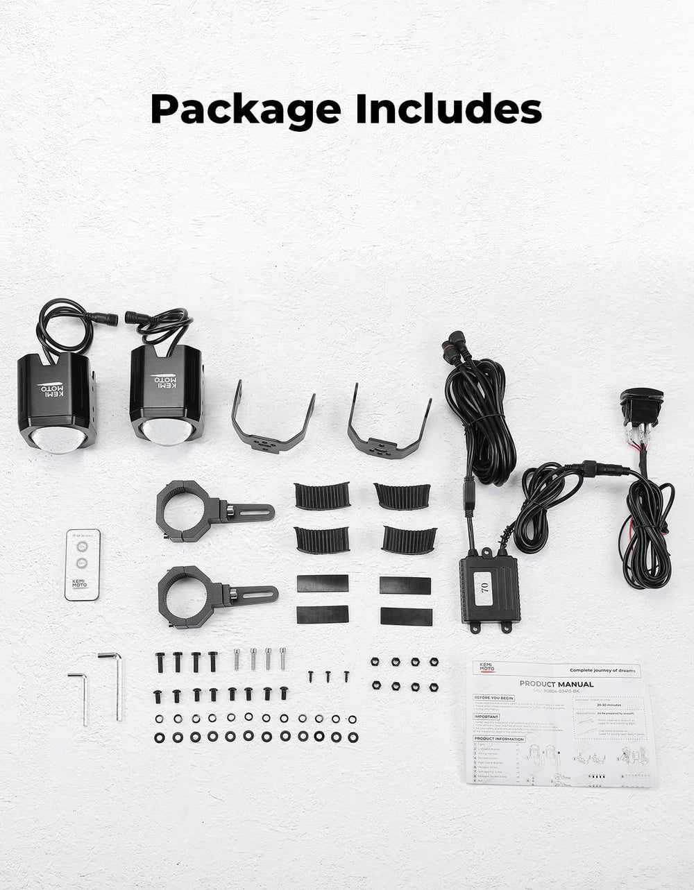 KEMIMOTO package includes two lights, clamps, remote, and hardware