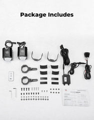 KEMIMOTO package includes two lights, clamps, remote, and hardware
