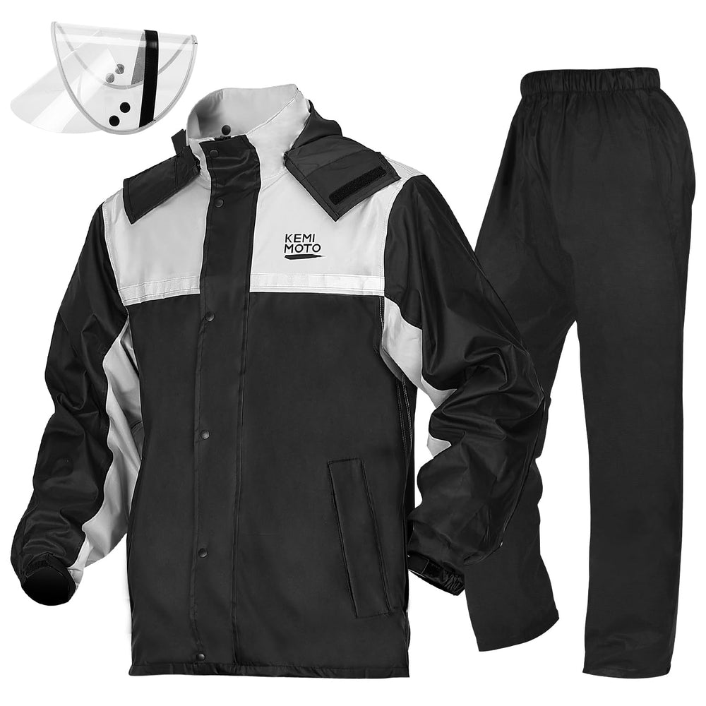 KEMIMOTO rain suit front view highlighting waterproof jacket and daytime visibility