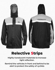 KEMIMOTO rain-suit pants detail shows adjustable cuffs and tuck-in design